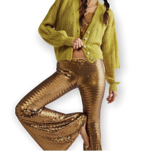 FREE PEOPLE GOLD MATTE PARTY PANTS BELLBOTTOM FLARE NWT XS - Picture 5 of 9